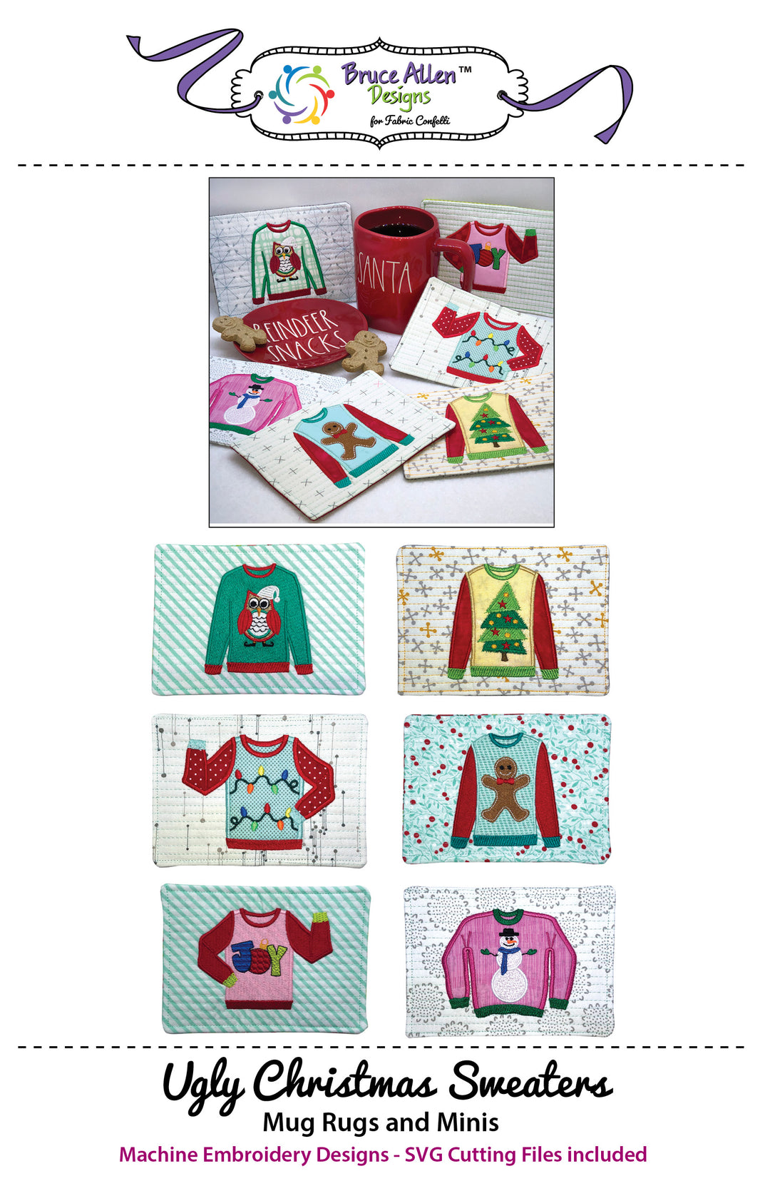 Ugly Christmas Sweaters Mug Rugs and Minis for Machine Embroidery