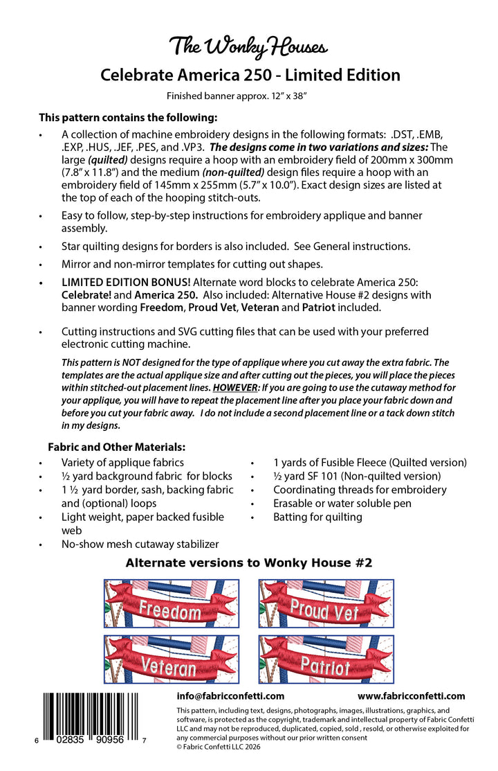 The Wonky Houses Banner - Celebrate America 250 Limited Edition - for Machine Embroidery