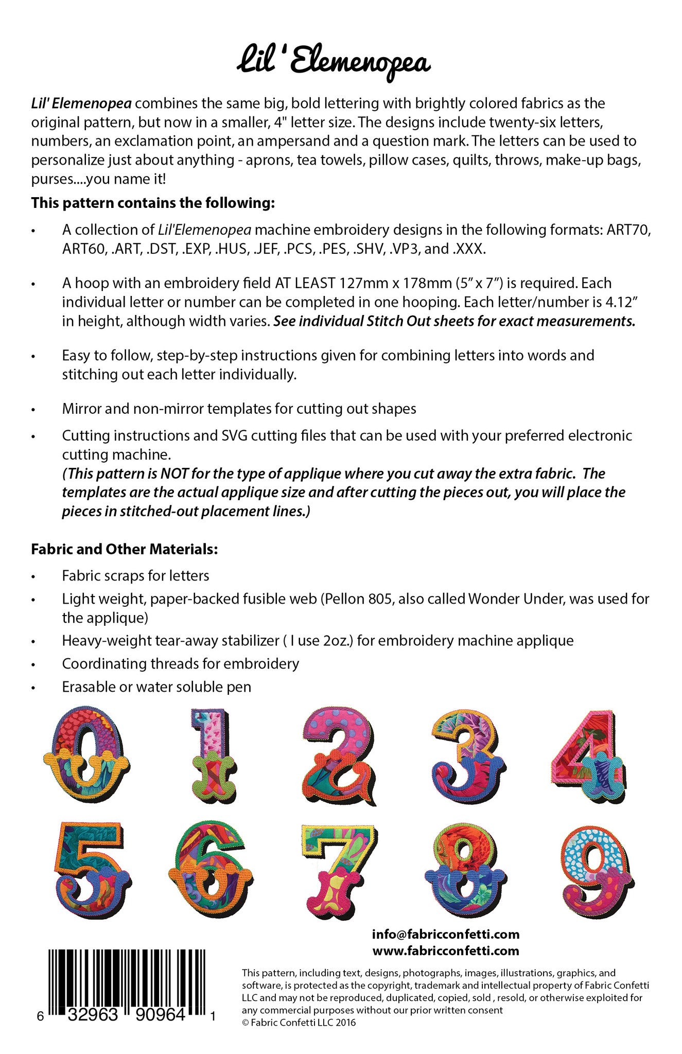Lil'Elemenopea for Machine Embroidery – Fabric Confetti